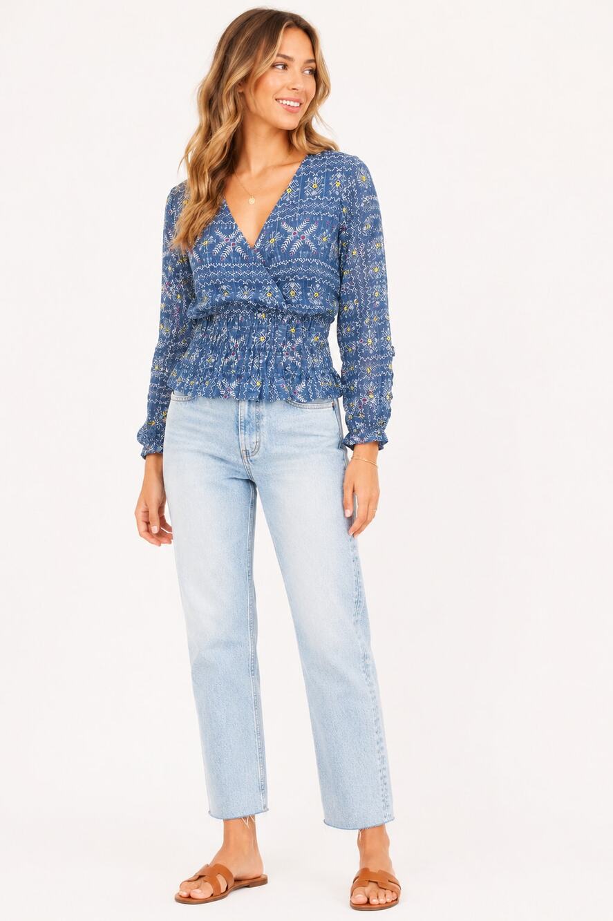 Anthropologie Forever That Girl Smocked Boho Peasant Blouse Blue Cotton Sz S